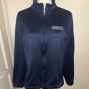 Sprouts Farmers Market Women's L Navy Blue Zip Up Jacket Zipped Pockets Logo